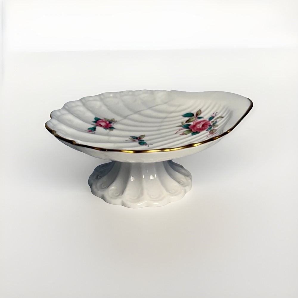 Spode Billingsley Rose Spray Shell Pedestal Dish Gold Trim Bone China England